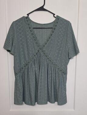 Eyelet V-Neck Peplum Top in Sage Green